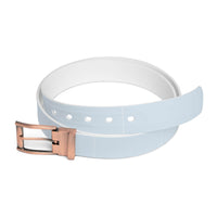White sustainable fashion belt with rose gold buckle from Printify rolled on white background