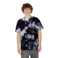 Printify sustainable fashion tie-dye shirt in black and purple worn by smiling male model