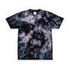 Printify sustainable fashion tie-dye shirt with black and purple swirled patterns in a short sleeve t-shirt