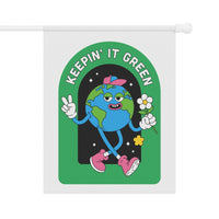 Printify sustainable house flags featuring a cartoon Earth with peace sign and flower Keepin It Green design
