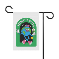 Printify sustainable house flags with cartoon earth character holding flower and peace sign