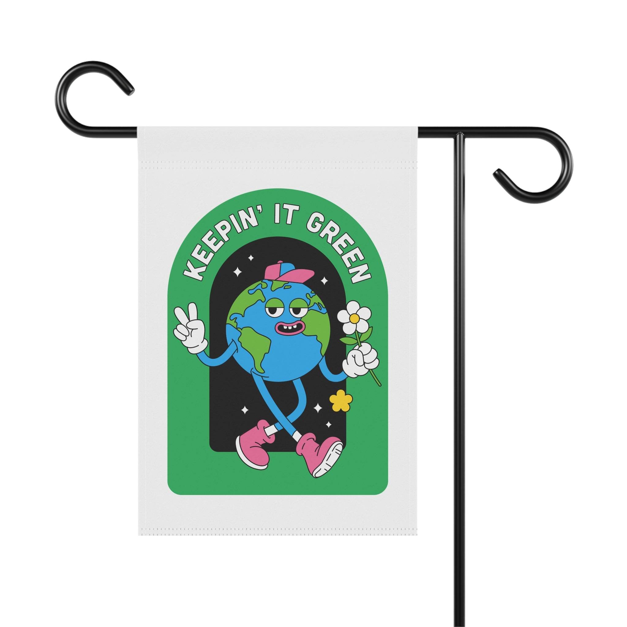 Printify sustainable house flags with cartoon earth character holding flower and peace sign