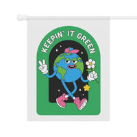 Printify sustainable house flags featuring a cartoon Earth with peace sign and flower in pink shoes