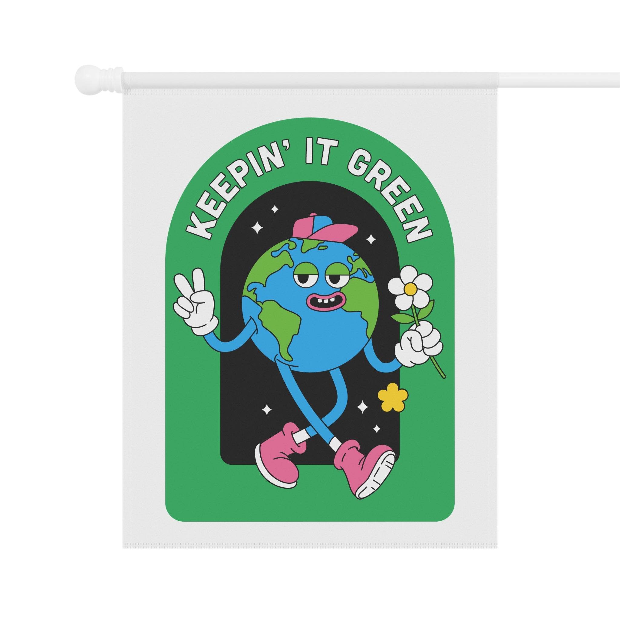 Printify sustainable house flags featuring a cartoon Earth with peace sign and flower in pink shoes