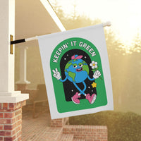 Printify sustainable house flags featuring cartoon Earth with peace sign and flower on white flag
