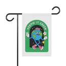 Printify sustainable house flags with cartoon Earth holding a flower and text Keepin’ It Green
