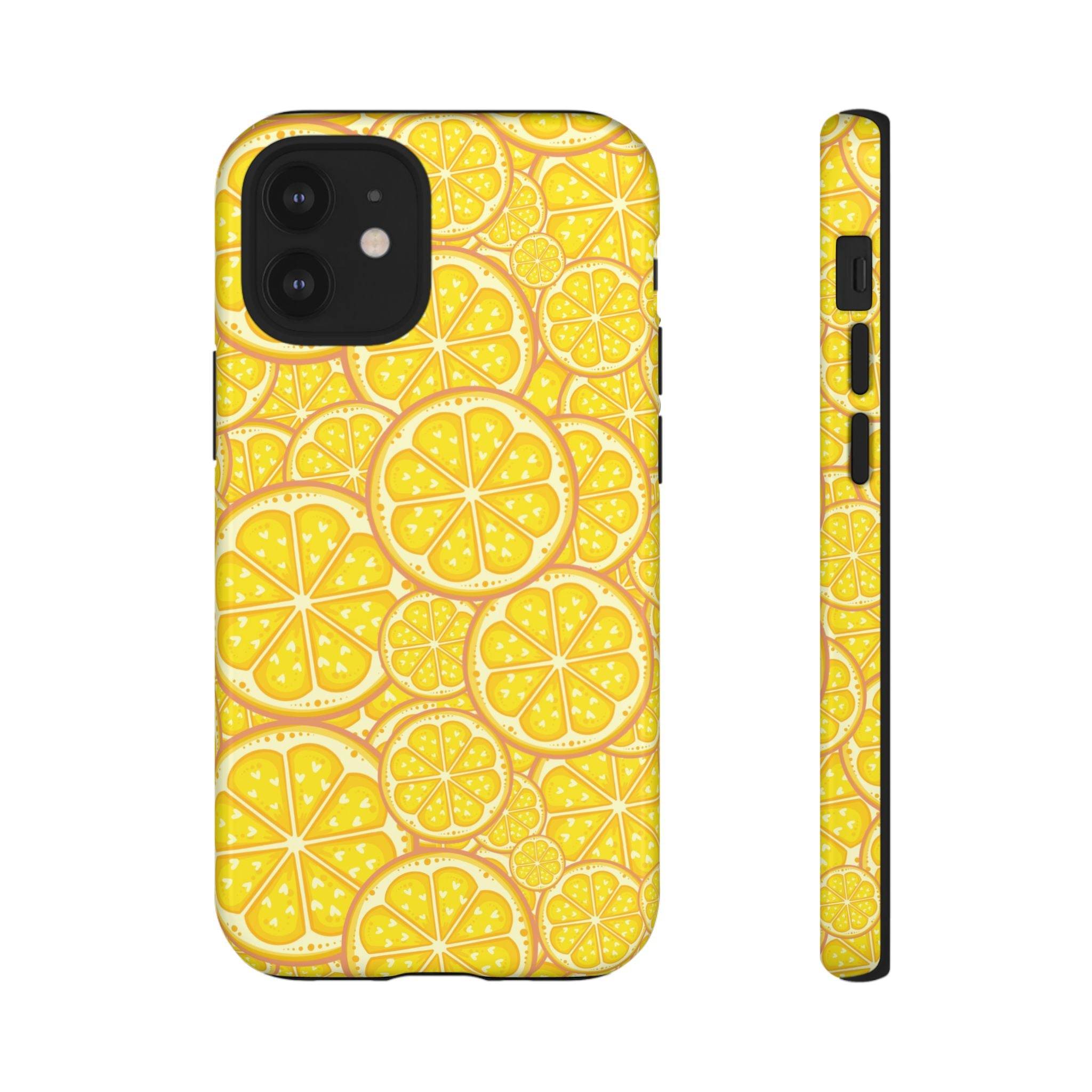 Printify sustainable lemon tough cases with vibrant yellow lemon slice pattern for phone protection