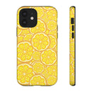 Printify phone case with vibrant yellow lemon pattern featuring sustainable lemon tough cases design
