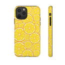 Printify phone case with bright yellow lemon pattern featuring sustainable lemon tough cases design