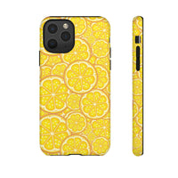 Printify phone case with bright yellow lemon pattern featuring sustainable lemon tough cases design