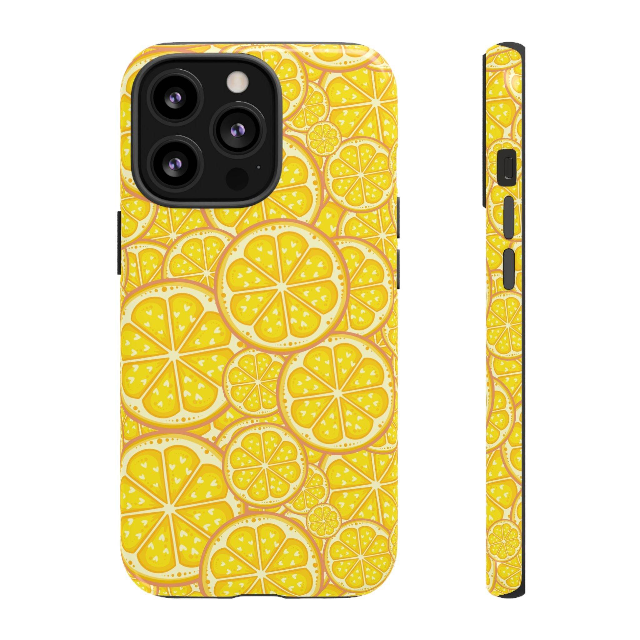 Printify sustainable lemon tough cases featuring bright yellow lemon slice pattern for phone protection