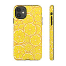 Printify phone case with sustainable lemon tough cases design featuring bright yellow lemon slices pattern