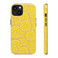 Printify sustainable lemon tough cases with bright yellow citrus slice pattern for phone protection