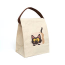 Printify sustainable lunch bag with strap featuring a cute cartoon cat design on beige fabric
