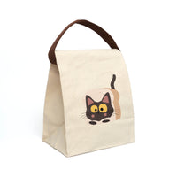 Printify sustainable lunch bag with strap featuring a cute cartoon cat design on beige fabric