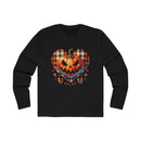 Sustainable spooky long sleeve shirt featuring a pumpkin heart design in vibrant colors