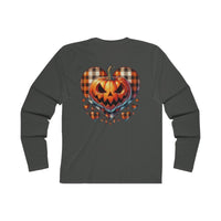 Sustainable spooky long sleeve shirt featuring a plaid pumpkin heart design on the back