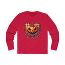 Red long-sleeve shirt featuring a spooky pumpkin heart design, ideal for Halloween celebrations with a sustainable spooky long sleeve