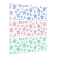 Printify home decor featuring sustainable triptych prints with blue pink and green star patterns