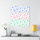 Printify sustainable triptych prints featuring pastel blue, pink, and green star patterns in modern home decor setting