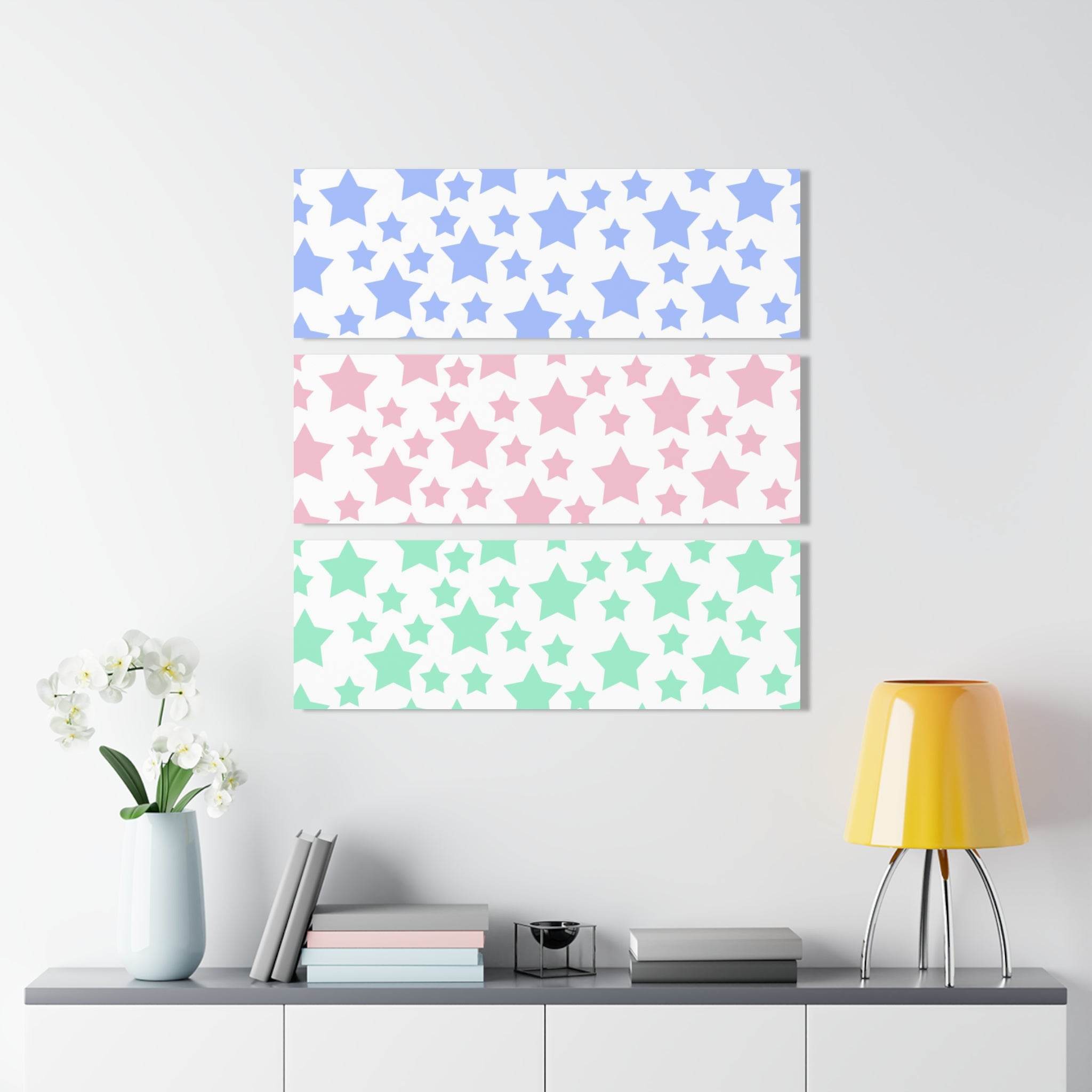 Printify sustainable triptych prints featuring pastel blue, pink, and green star patterns in modern home decor setting