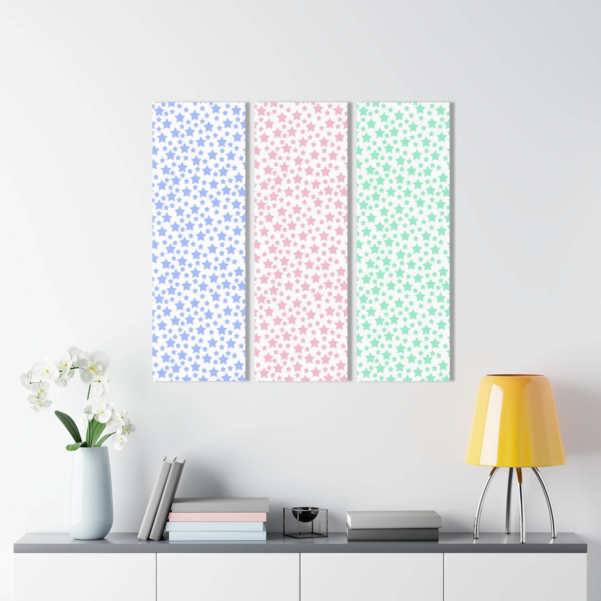 Printify sustainable triptych prints with pastel star patterns displayed above modern shelf with books lamp and flowers