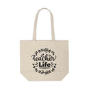 Printify teacher canvas tote bag in beige with black teacher life design and long handles