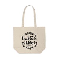 Printify teacher canvas tote bag in beige with black teacher life design and long handles