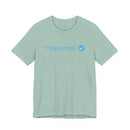 Light green Printify t-shirt with blue text Terrified and a blue checkmark graphic on front
