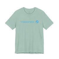 Light green Printify t-shirt with blue text Terrified and a blue checkmark graphic on front