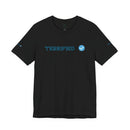 Black Printify T-shirt with blue Terrified text and verified badge graphic on front