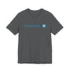 Gray Printify T-shirt with blue text Terrified and verified badge graphic on front