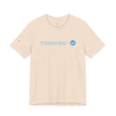 Beige Printify t-shirt with blue Terrified text and verified badge graphic on front
