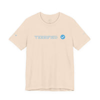 Beige Printify t-shirt with blue Terrified text and verified badge graphic on front