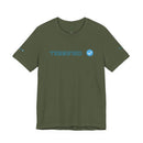 Olive green Printify T-shirt with blue text reading Terrified and a blue checkmark icon