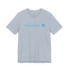 Light blue Printify terrifed graphic T-shirt with short sleeves and round neckline