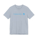 Light blue Printify terrifed graphic T-shirt with short sleeves and round neckline