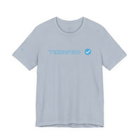 Light blue Printify terrifed graphic T-shirt with short sleeves and round neckline