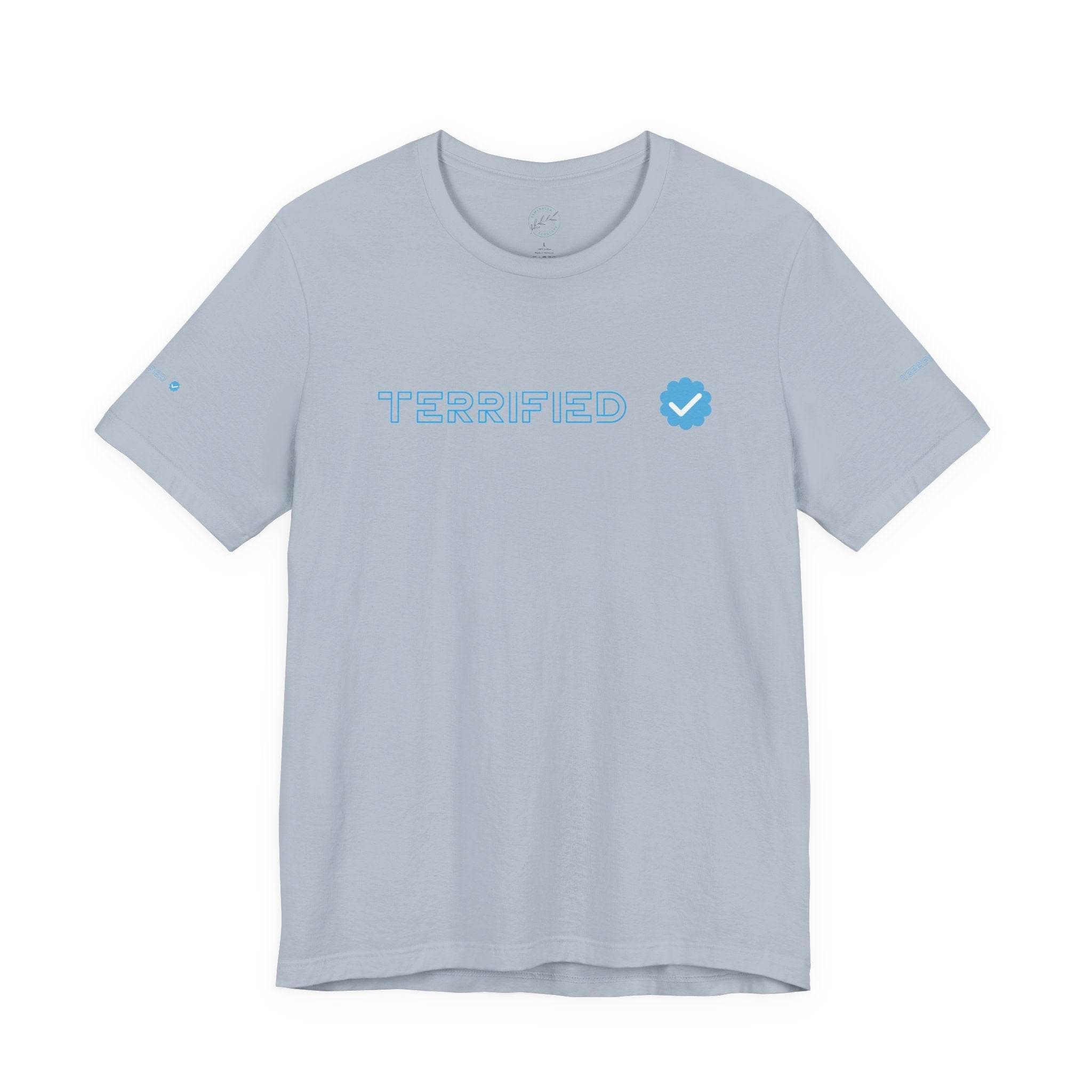 Light blue Printify terrifed graphic T-shirt with short sleeves and round neckline