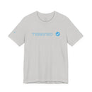 Light gray Printify T-shirt with blue text Terrified and a blue verified check mark graphic