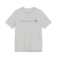 Light gray Printify T-shirt with blue text Terrified and a blue verified check mark graphic