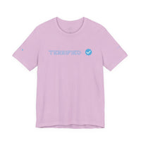 Printify lavender t-shirt with blue text reading Terrified and checkmark graphic on front