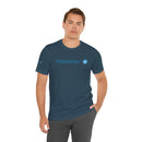 Printify navy blue terrifed graphic t-shirt worn by male model with short sleeves