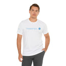 Printify white T-shirt with blue text Terrified and checkmark logo worn by male model