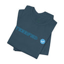 Printify navy blue T-shirt folded with blue text terrified and a blue checkmark badge