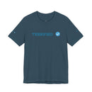Printify blue T-shirt with Terrified text and verification checkmark graphic on front