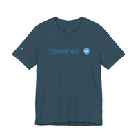 Printify blue T-shirt with Terrified text and verification checkmark graphic on front