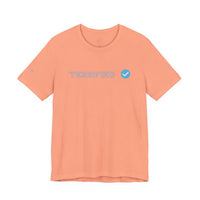 Peach Printify t-shirt with blue verified checkmark and text Terrified on front