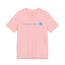 Printify pink T-shirt with blue verified checkmark and text Terrified in blue font