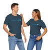 Printify blue graphic T-shirts worn by man and woman with casual jeans in friendly pose